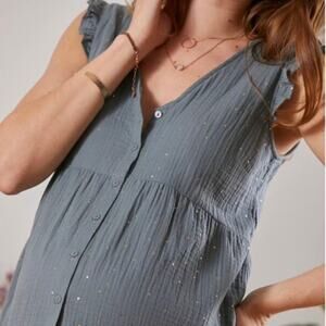 Vertbaudet Blue Gold Dot Ruffle Sleeveless Cotton Button Blouse Top 44